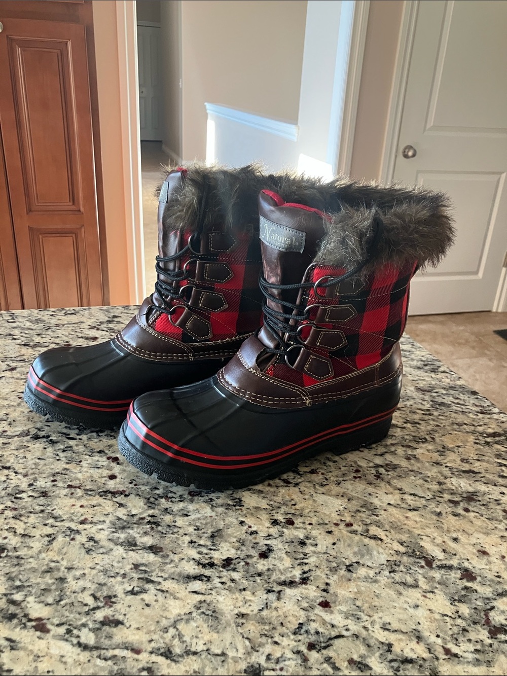 Natural Reflections Red Plaid Faux Fur Winter Boots